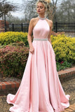 A-Linie, ärmelloses Abendkleid aus rosa Satin mit offenem Rücken und Perlenverzierung PG602 