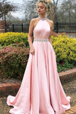 A-Line Pink Satin Open Back Sleeveless Prom Dress with Beading PG602 - Pgmdress