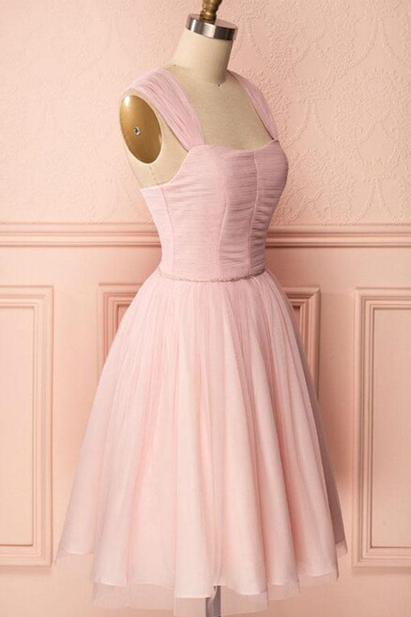 A-Line Pink Tulle Straps Pleats Beading Homecoming Dress Short Prom Dress PD274 - Pgmdress
