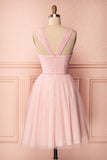 A-Line Pink Tulle Straps Pleats Beading Homecoming Dress Short Prom Dress PD274 - Pgmdress