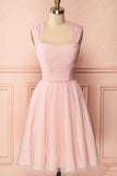 A-Line Pink Tulle Straps Pleats Beading Homecoming Dress Short Prom Dress  PD274
