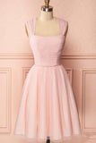 A-Line Pink Tulle Straps Pleats Beading Homecoming Dress Short Prom Dress PD274 - Pgmdress