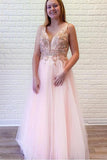 A-Line Pink Tulle V-neck Backless Beading Crystal Prom/Formal Dress PSK151