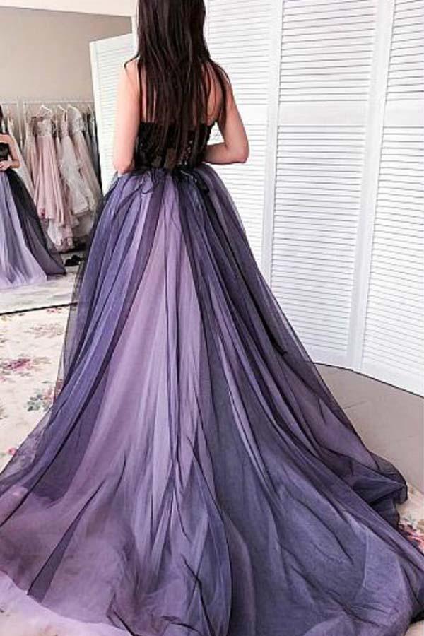 A-line Purple Black Tulle Sweetheart Appliques Beading Prom Dress PM219 - Pgmdress