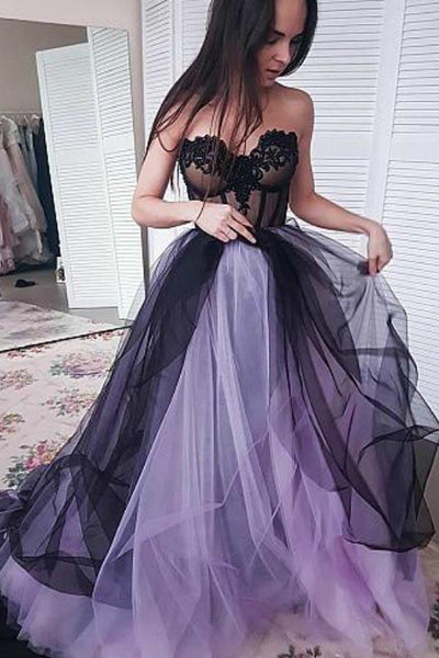 A-line Purple Black Tulle Sweetheart Appliques Beading Prom Dress US2 / As Picture A-line Purple Black Tulle Sweetheart Appliques Beading Prom Dress US2 / As Picture