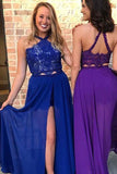 A-Line Purple Chiffon Lace Halter Split Prom Dress With Beading PM220 - Pgmdress