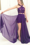 A-Line Purple Chiffon Lace Halter Split Prom Dress With Beading PM220