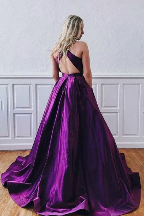 Purple Satin Plunging Neck Cut-out Chic Prom Dress - Promfy