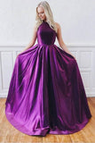 A-ligne violet satin dos nu longues bretelles croisées robe de bal/formelle PG987 