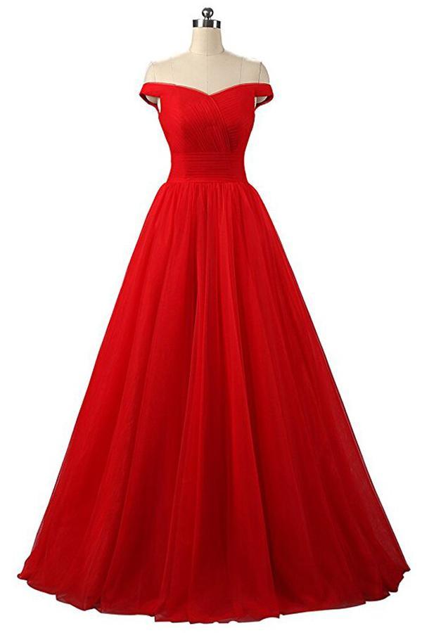 A-line Red Floor Length Tulle PromDresses Evening Dresses PG247 - Pgmdress