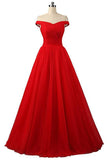 A-line Red Floor Length Tulle PromDresses Evening Dresses PG247
