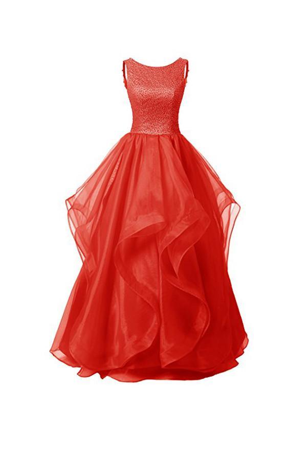 A-line Red Organza Asymmetric Bridesmaid Dress With Beading BD027 - Pgmdress
