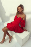 A-Line Red Satin Off the Shoulder Puff Sleeve Homecoming Dress PD253 - Pgmdress