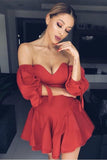A-Line Red Satin Off the Shoulder Puff Sleeve Homecoming Dress  PD253