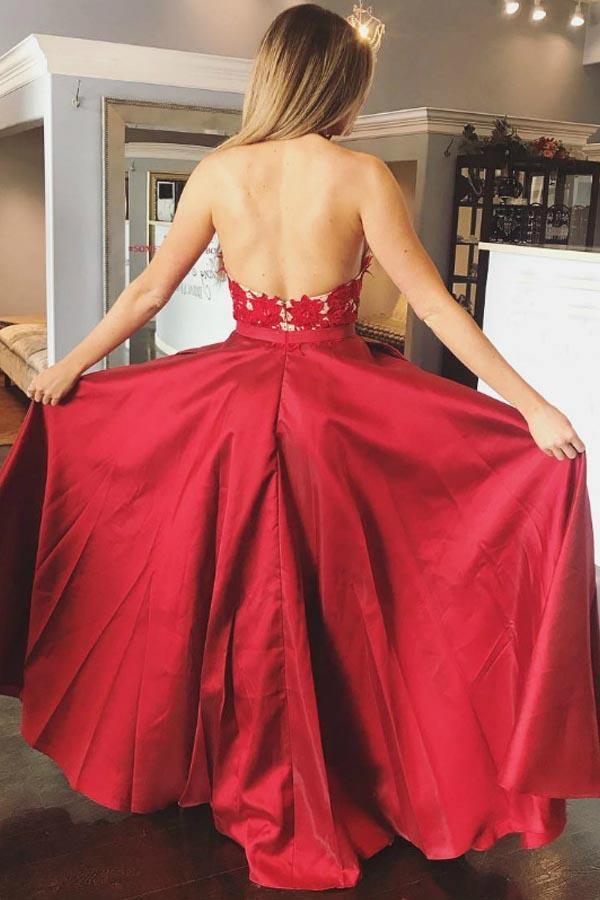 A-Line Red Satin V-neck Appliques Backless Long Prom Dress With Pocket PG934 - Pgmdress