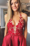 A-Line Red Satin V-neck Appliques Backless Long Prom Dress With Pocket PG934 - Pgmdress