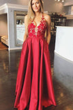 A-Line Red Satin V-neck Appliques Backless Long Prom Dress With Pocket  PG934