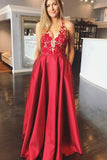 A-Line Red Satin V-neck Appliques Backless Long Prom Dress With Pocket PG934 - Pgmdress