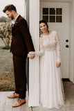 A-Line Round Neck Backless Lace Top Wedding Dress with Long Sleeves  WD371