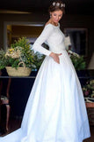 A-Line Round Neck Backless Satin Wedding Dress with Sleeves WD266 - Pgmdress