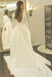 A-Line Round Neck Backless Satin Wedding Dress with Sleeves WD266