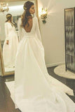 A-Line Round Neck Backless Satin Wedding Dress with Sleeves WD266 - Pgmdress