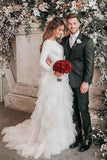 A-Line Round Neck Court Train Tulle Wedding Dress with Long Sleeves WD307 - Pgmdress