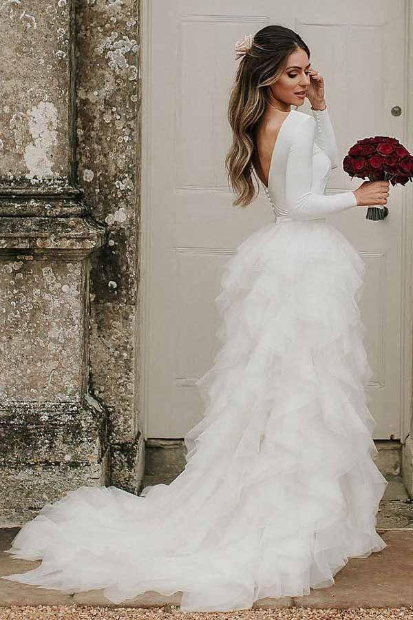 A-Line Round Neck Court Train Tulle Wedding Dress with Long Sleeves WD307 - Pgmdress