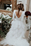 A-Line Round Neck Court Train Tulle Wedding Dress with Long Sleeves WD307 - Pgmdress