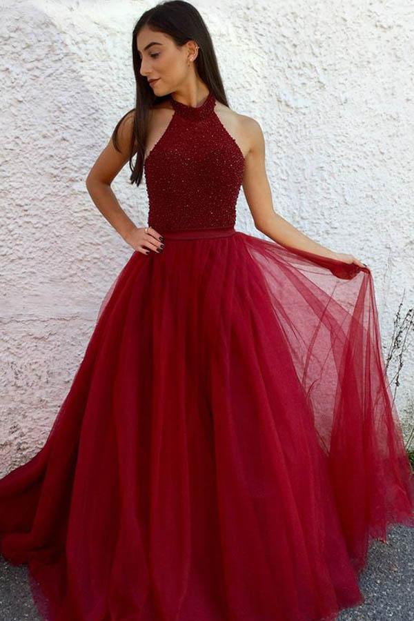 A-Line Round Neck Floor-Length Red Tulle Prom Dress with Beading PG490 - Pgmdress
