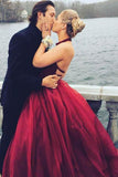 A-Line Round Neck Floor-Length Red Tulle Prom Dress with Beading PG490