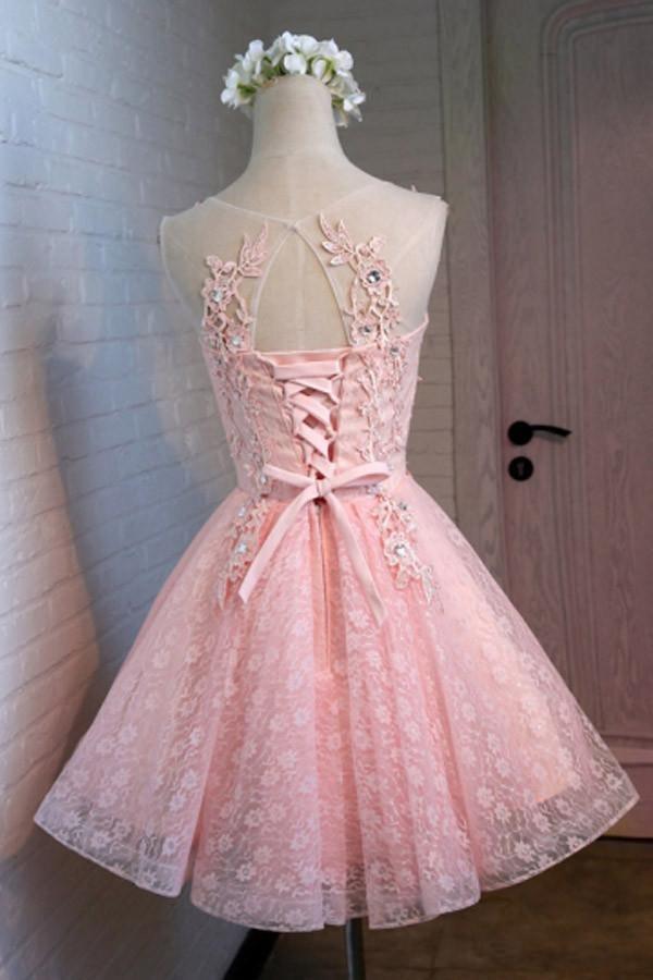 A-Line Round Neck Lace Beaded Homecoming Dress Cocktail Dress PG129 - Pgmdress