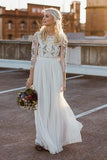 A-Line Round Neck Long Wedding Dress with Lace Long Sleeves  WD341
