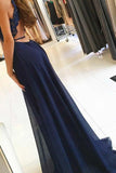 A-Line Round Neck Navy Blue Chiffon Prom Dress with Lace Split PG591 - Pgmdress