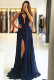 A-Line Round Neck Navy Blue Chiffon Prom Dress with Lace Split  PG591