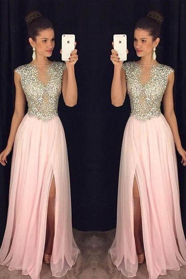 A Line Round Neck Pink Chiffon Split Long Prom Dresses with Beading PG765 - Pgmdress