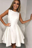A-ligne col rond plissé en satin blanc robe de soirée de retour PD1998
