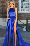 A-Line Round Neck Royal Blue Satin Prom Dress with Split Pockets PG640 - Pgmdress