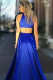 A-Line Round Neck Royal Blue Satin Prom Dress with Split Pockets PG640 - Pgmdress