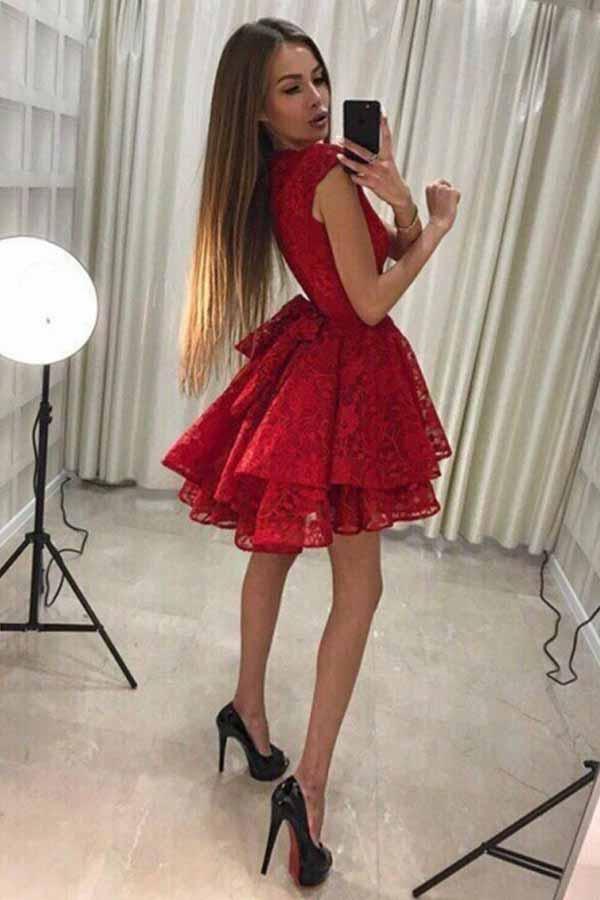 A-Line Round Neck Short Red Lace Homecoming Party Dress PD228 - Pgmdress