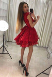 A-Line Round Neck Short Red Lace Homecoming Party Dress PD228 - Pgmdress