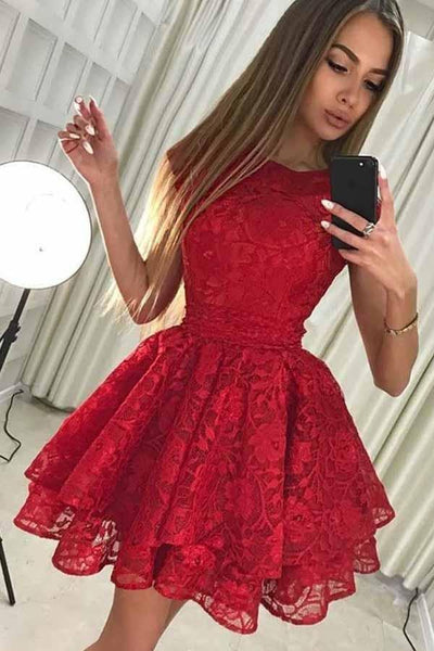A-Line Round Neck Short Red Lace Homecoming Party Dress US2 / As Picture A-Line Round Neck Short Red Lace Homecoming Party Dress US2 / As Picture