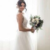 A-Line Round Neck Sweep Train Tulle Wedding Dress with Lace WD390 - Pgmdress
