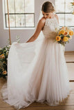 A-Line Round Neck Sweep Train Tulle Wedding Dress with Lace  WD390