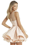 A-Line Round Neck Tiered Pink Satin Short Homecoming Dress with Lace PD080 - Pgmdress