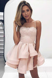A-Line Round Neck Tiered Pink Satin Short Homecoming Dress with Lace PD080