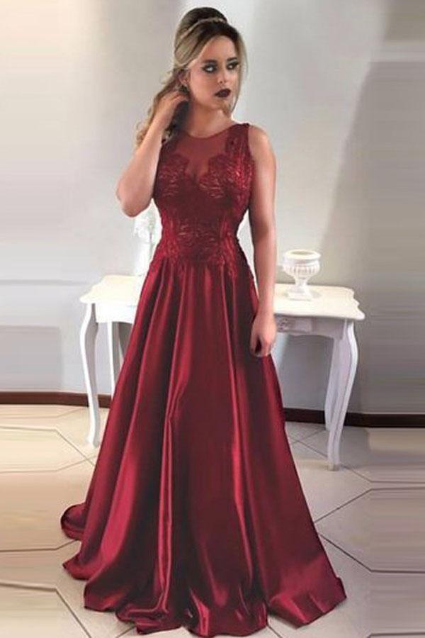 A-Line Round Neck V-Back Maroon Satin Prom Dresses with Lace PG455 ...