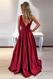 A-Line Round Neck V-Back Maroon Satin Prom Dresses with Lace PG455 - Pgmdress