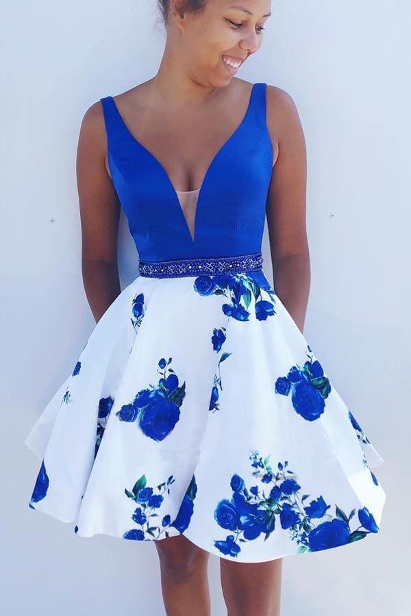 A-line Royal Blue and White Short Floral Homecoming Dress PD245 - Pgmdress