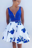 Robe de soirée courte à fleurs bleu royal et blanche A-line PD245